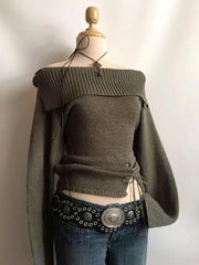 Cyflymder Vintage American Spice Women Off The Hsoulder Knitted Sweater Y2k Sexy Lrregular Split Drawstring Jumper Y2k Punk Pullover