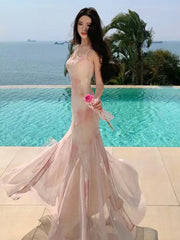 Cyflymder French Women Pink Print Patchwork Lace High Waist Backless Party Dress Summer Sexy Vacation Spaghetti Strap Pleated Long Dresses