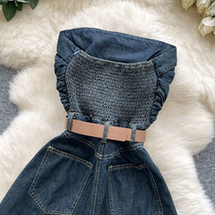 Cyflymder Summer sleeveless strapless jumpsuit women solid color street trendy paired with waistband cinched waist casual denim shorts