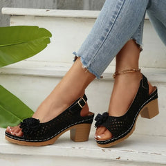 Cyflymder Summer Fashionable Floral Thick High Heels Sandals for Women Strap Hollow Large Size Women's Shoes Platform Sliding Sandals