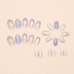Cyflymder 24pcs Romantic Y2k Star Press On Nails Gradient Blue French Style Gold Moon Designs Fake Nail Sweet Almond False Nails For Women