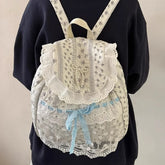 Cyflymder Korean Lace Patchwork Sweet Bow Backpack Women Students Chic Flower Print Bow Schoolbags Y2k Aesthetic Girls All Match Backpacks