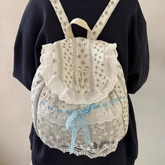 Cyflymder Korean Lace Patchwork Sweet Bow Backpack Women Students Chic Flower Print Bow Schoolbags Y2k Aesthetic Girls All Match Backpacks