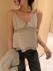 Cyflymder Fungus Edge Camis Vest Women Summer Sweet Sleeveless V Neck Slim Crop Top Korean Style Backless Design Outwear Tanks