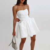 Cyflymder Women's Strapless Puffy Mini Dress Summer Backless Bubble A Line Dress Casual Party Cocktail Short Dress with Pocket