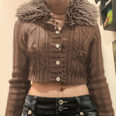 Cyflymder Autumn Winter American Vintage Detachable Fuxr Fur Collar Top Y2k American Knitted Buttons Sweatters Harajuku Punk Women Jumpers
