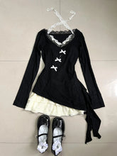 Cyflymder Fall Winter Women Y2k Shoujo Girl 2000s Kpop Korean Outfits 2 Piece Set Long Sleeve Tops + Coquette Ballet Core Mini Lace Dress