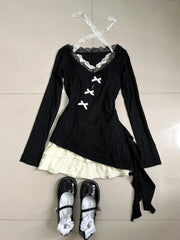 Cyflymder Fall Winter Women Y2k Shoujo Girl 2000s Kpop Korean Outfits 2 Piece Set Long Sleeve Tops + Coquette Ballet Core Mini Lace Dress