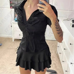 Cyflymder Slim Polo Collar Pleated Single Breasted Waist Cinch Striped Or Solid Shirt For Women Elegant Chic Office Work Commute Gift