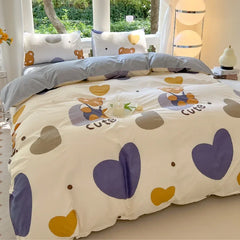 Cyflymder Kawaii Bear Printed Bed Set Floral Duvet Cover Pillowcase Bedding Set Cute Dog Bed Linen Sheet Quilt Cover Full Queen King Size