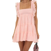 Cyflymder Women's Ruffle Strap Party Mini Dress Back Bowknot Sleeveless Square Neck Summer Babydoll Dress Solid Color Flowy Dress