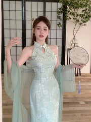 Cyflymder Women New Cheongsam Style Improved Qipao Dress Children's Summer Small Long Print Hanging Neck Off Shoulder Dress