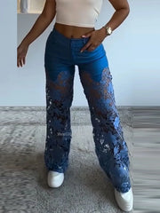 Cyflymder Retro Lace Patchwork Women Blue Denim Pants High Waist Wide Leg Baggy Jeans Chic Y2k Fashion Casual Elegant High Street Trousers