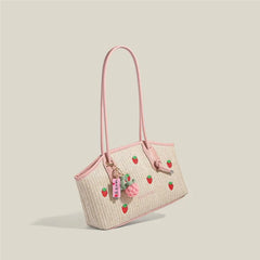 Cyflymder Sweet Cute Strawberry Tote Bag Pastoral Holiday Vacation Style Handbag Women Large Capacity Commuter Shoulder Crossbody Bag 2025