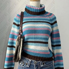 Cyflymder Fashion Rainbow High collar emo Y2K Woman Clothing Cute Female Sweater Sweet Aesthetic Knitwear Lovely Harajuku Classic Pullover