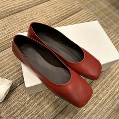 Cyflymder Women's Leather Ballet Flats Soft Soled Commuter Single Shoes Summer Square Toe Flat Mary Jane Shoes