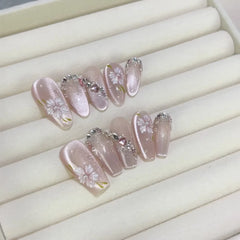 Cyflymder 10pcs Blush Nude Fake Nails Pink 3D Sculpture Flower Heart Rhinestone Leopard Cat‑Eye French Press on Nail Sweet Almond Nail Art