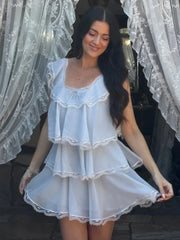 Cyflymder Solid Chiffon Layered Lace Trim Dress Short Sleeves Square Neck Loose Fit Women Dresses Lady Chic Cusual Street Vestidos