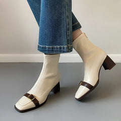 Cyflymder Vintage Thick Heel Woman Ankle Boot Fashion Belt Buckle Ladies Elastic Slim Short Booties Autumn Winter Women's Shoes