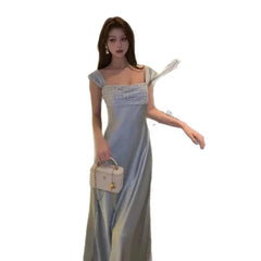Cyflymder Elegant French Style Draped Diamond Embellished Satin Dress Slimming Waistline Mid-Length Tea Break Style for Various Occasions