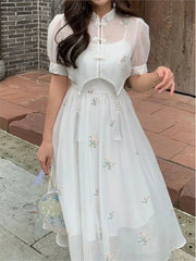 Cyflymder Dress Sets Summer Women Chinese Style Floral Hight Waist Mesh Midi Dresses Elegant Casual Gentle Wind Female Dress Vestidos