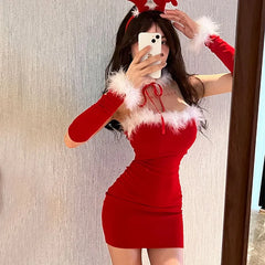 Cyflymder Sweet Hot Girl Christmas Tight Hip Wrap Dress Women's Autumn/winter Sexy Off Shoulder Long-sleeved Dress Fashion Female Clothes