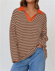 Cyflymder Fashion Colorblocking Lapel Pullover Hoodie Women Autumn Loose Stripe Sweatshirt Female Daily Comfortable Casual Tops Streetwear