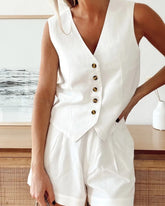 Cyflymder Summer Women Office 2 Piece Suit Fashion V-Neck Sleeveless Front Button Tank Pants Set Work Blazer Sets