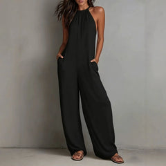 Cyflymder Casual Jumpsuit For Woman Sleeveless Romper Halter Neck Wide Leg Overalls Black Front Pockets Jumpsuits White Maxi Length Solid
