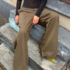 Cyflymder Women Drawstring Waist Cargo Pants Loose Wide Leg Bottom Hem Adjustable Drawstring Pocket Casual Streetwear Baggy Trousers