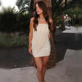 Cyflymder Elegant Strapless Tube Mini Dress For Women Draped Ruched Backless Plain Solid Color Bodycon Skirt Lady's Club Seaside Frock