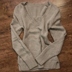 Cyflymder Y2K Vintage Light Gray V Neck Knit Sweater Women Long Sleeve Slim Fit Soft Knitted Jumper Casual Aesthetic Pullover Top