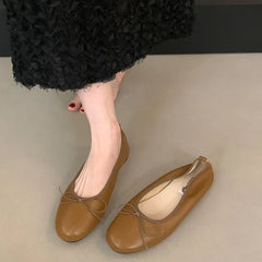 Cyflymder Fashion Round Toe Flats Shoes Women Shallow Ballerina Female Bow Knot Ballet Comfy Leather Loafers Elegant French Chic Footwear