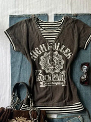Cyflymder Vintage T-shirt Fake 2Piece Himekaji Print Y2k 2000s Crop Top Summer Goth Punk Stripe Slim Woman Clothes O-Neck Fashion Emo Tees