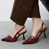 Cyflymder Size 41 Women's Elegant Burgundy Pointy Toe Slingback Pumps Summer High Heels Black Modern Lady Shoes Silver