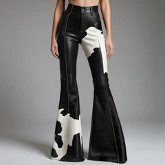 Cyflymder Women's Cow Pattern Leather PU Flare Pant High Waist Slim Faux Leather Trousers High Street Fashion Casual Capris