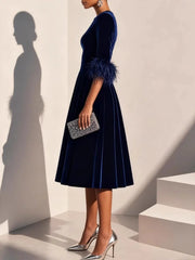 Cyflymder Spring Autumn 3/4 Sleeve Elegant Velvet Midi Dress Women's Clothing Casual Party Work Evening Sheath Office Lady Dresses