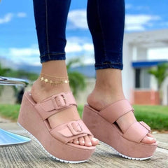 Cyflymder Women's Wedges Platform Sandals Woman Shoes Summer Ladies Barefoot Slide Increase Height Open Toes Sandal Buckle White Pink