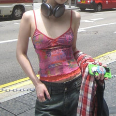 Cyflymder Y2K Vintage Print Suspender Tank Top High Streetwear V-neck Sleeveless Women Crop Tops Summer Casual Fashion Camisole