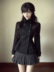 Cyflymder Vintage Japanese Preppy 2 Piece Set Women Double Breasted Coat High Waist Pinstriped Pleated Mini Skirt Slim Fit Elegant Outfit