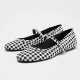 Cyflymder Luxury Designer Plaid Print Ballet Flats for Women Comfort Round Toe Buckle Soft Sole Mary Jane Shoes Elegant Banquet Party Shoe