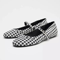 Cyflymder Luxury Designer Plaid Print Ballet Flats for Women Comfort Round Toe Buckle Soft Sole Mary Jane Shoes Elegant Banquet Party Shoe