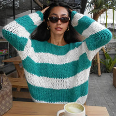 Cyflymder Women Y2k Striped Sweater Oversized Long Sleeve Color Block Knitted Pullover Aesthetic Loose Crewneck Knit Tops