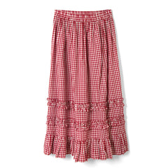 Cyflymder Women's Plaid Print Frill Trim Ruffled Long Skirt Autumn Casual Elastic High Waist Loose Fit A-Line Skirt for Streetwear