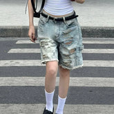 Cyflymder Fashion Women Ripped Raw Hem Retro Jeans Shorts Summer Five-Pocket Denim Shorts Chic Straight Legged Pants Streetwear
