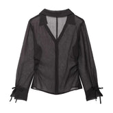 Cyflymder Women's Sexy V-Neck Slim Fit Shirt Single-Breasted Long Sleeve High-Low Hem for Spring/Summer Street Style