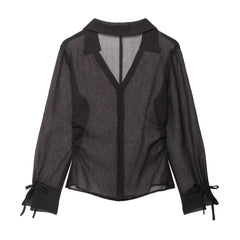 Cyflymder Women's Sexy V-Neck Slim Fit Shirt Single-Breasted Long Sleeve High-Low Hem for Spring/Summer Street Style