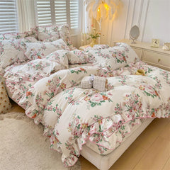 Cyflymder 100% Cotton Korean Princess Style Flowers Print Ruffles Bedding Set Single Duvet cover Quilted Fitted Sheet Pillowcases 3/4Pcs