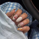 Cyflymder 24Pcs Short French Almond Press on Fake Nails Green Check Design False Nails Lemon Cherry Pattern Reusable Full Cover Nails Tips