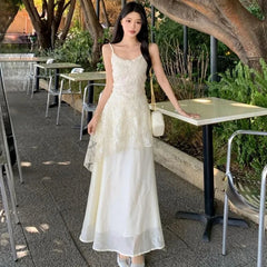 Cyflymder French Elegant Camis Dress for Women Fashion Lace Patchwork Irregular Midi Dress Summer New Beach Vacation Embroidered Vestidos